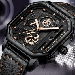 Montres-bracelets Sport carré montre pour hommes militaire mode chronographe Unique Quartz montres en cuir mâle horloge lumineuse Relogio Masculino