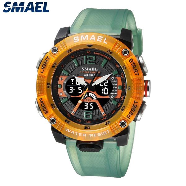 Montres de bracelets Sport Watches étanche Smael Male Male Male Digital Display Quartz Analog Stopwatch Fashion Green Orange horloge 8058 Men Watch 240423