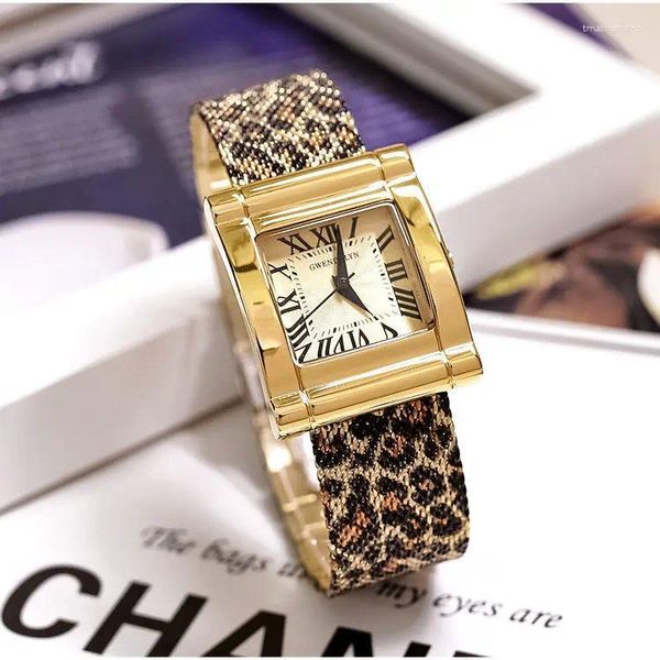Relojes de pulsera Patrón de leopardo cuadrado Reloj de banda de acero Tendencia de moda para mujer Cuarzo personalizado Estilo Ins Oro
