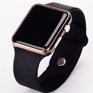 Montre-bracelets carrés miroir face silicone bande de montre numérique Red LED montres métal monnaie de bracelet horloge de sport