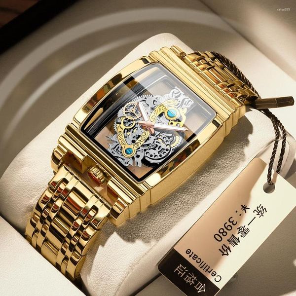Montres-bracelets carré Transparent plein creux montres à Quartz hommes haut doré homme montre-bracelet homme Relogio Masculino