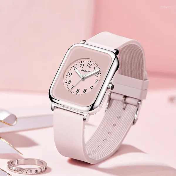 Relojes de Pulsera Cuadrado Mujer Caucho Correa de reloj Relojes de Pulsera Rosa Para damas Cuarzo Mujer