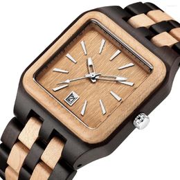 Montres-bracelets carré en bois montre-bracelet hommes montres à quartz créatif homme horloge noir noyer rouge rose bracelet en bois complet date