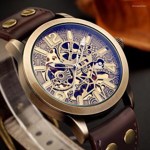 Polshorloges Steampunk Style Men Automatisch mechanisch horloge Skelet Retro echte lederen band heren zelf kronkelend topmerk