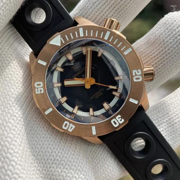 Relógios de pulso Steeldive Movimento Automático SD1950S 44mm Caixa de Bronze Sólido Dois Botões Desgin Único 3000m À Prova D 'Água Deep Sea Men Diving Watch