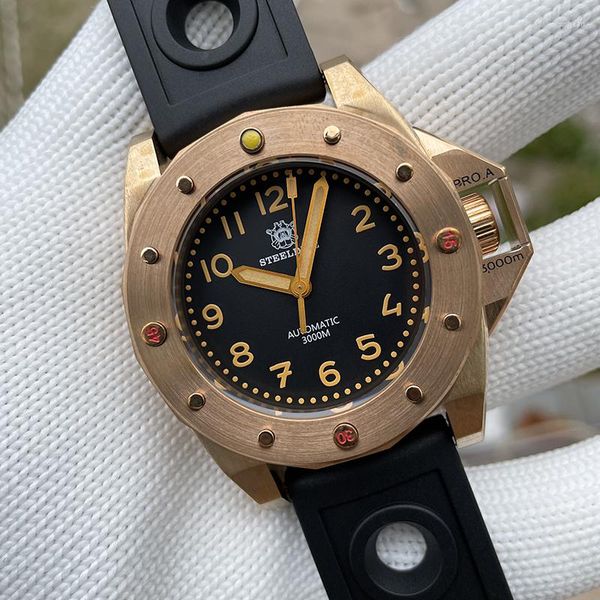 Relojes de pulsera STEELDIVE Mens Diver Relojes CuSn8 Bronce Militar 3000m Reloj de pulsera mecánico automático impermeable BGW-9 Zafiro luminoso