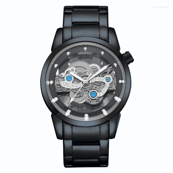 Wallwatches Style Fashion Circle Strip Black Steel Strip Harring Hollowing Quartz Watch Mineral Referved Glass