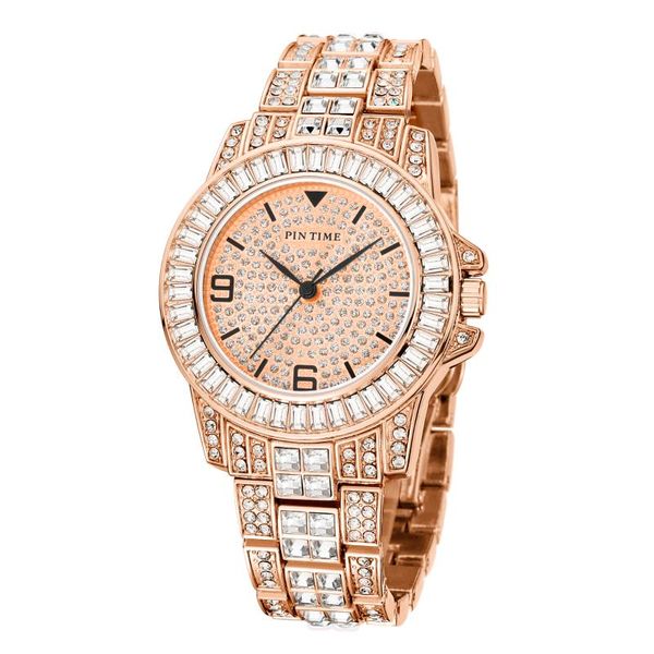 Montres-bracelets Style Hommes Femmes Luxe Diamant Rose Or Montre Glacé Baguette Brillant Quartz Montre-Bracelet Casual Robe Party Clock Montre