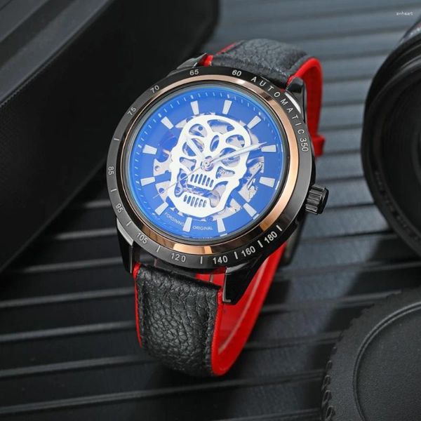 Relojes de pulsera estilo reloj para hombre transparente genuino rojo correa negra cráneo esqueleto masculino automático relojes de viento reloj