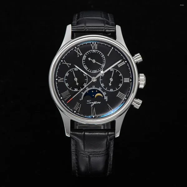 Montres-bracelets Sugess Hommes Montre Mécanique Chronographe Rétro Original Mouvement Swanneck ST1908 Moonphase Acier Inoxydable Saphir