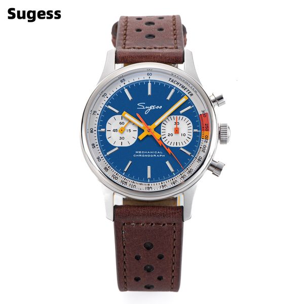 Relojes de pulsera Sugess Watch Mens 1963 Pilot Chronograph Relojes de pulsera mecánicos Seagull ST19 Movimiento Swanneck Sapphire Crystal Racing Leather 230804