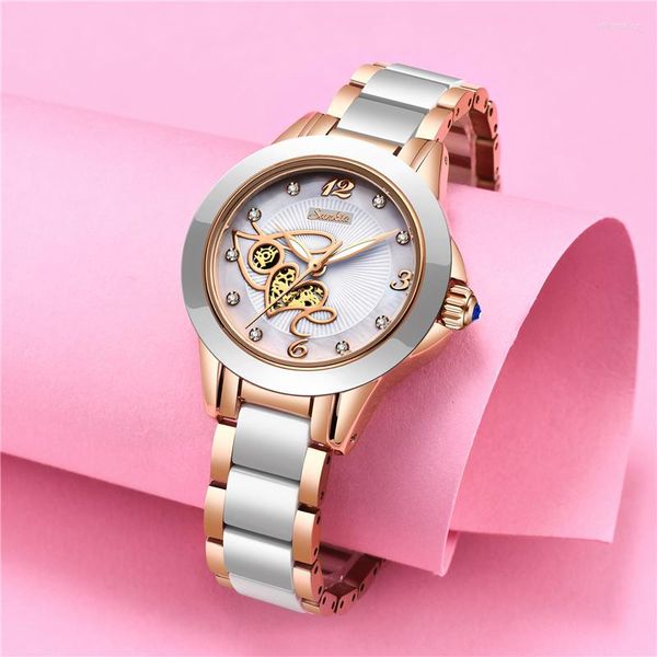 Relojes de pulsera SUNKTA con superficie de diamante, reloj con correa de cerámica, relojes de moda impermeables para mujer, relojes de cuarzo superior, reloj femenino