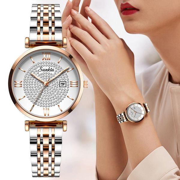 Relojes de pulsera SUNKTA Moda Reloj para mujer A prueba de golpes A prueba de agua Damas de lujo Pulseras de metal Dial de diamante Relojes chinos Regalos de cuarzo