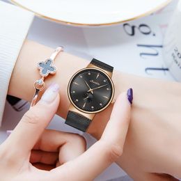 Polshorloges SunKta Rose Gold Black Women Quartz kijkt roestvrij staal ultradunne horloge Fashion Clock vrouwelijke jurk cadeau