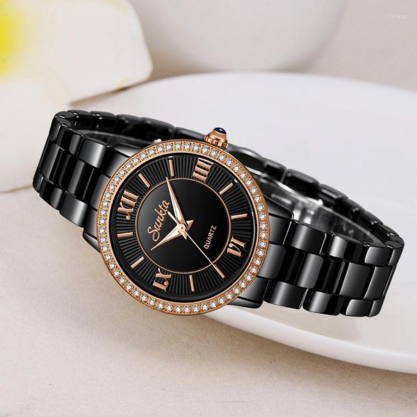 Montres-bracelets SUNKTA Top Diamant Femmes Montre Simple Montres Étanches Or Rose Noir Céramique Quartz Horloge Zegarek Damski