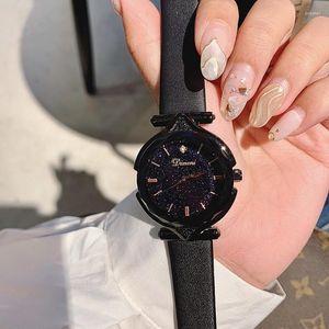 Relojes de pulsera Super Cool Black Women Watches Ladies Leather Strap Dress Watch Woman Causal Starry Face Reloj