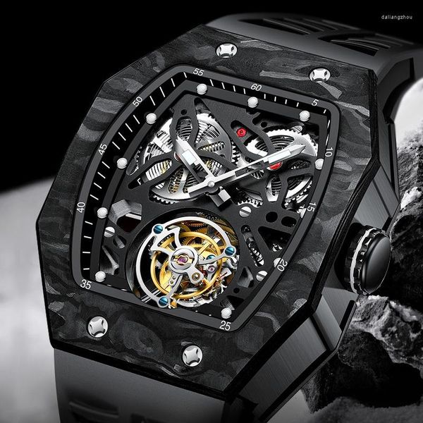 Relojes de pulsera Reloj Tourbillon superluminoso Fibra de carbono Top Barrel Esqueleto masculino Relojes mecánicos Reloj con correa de goma