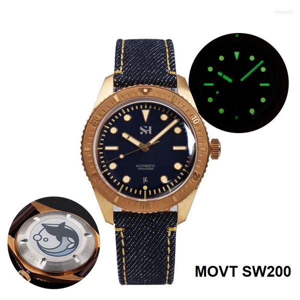 Montres-bracelets SW200 SH Bronze Montre De Plongée 100M Lunette Étanche Automatique Mécanique Hommes Plongée Militaire Simple Saphir Freeship