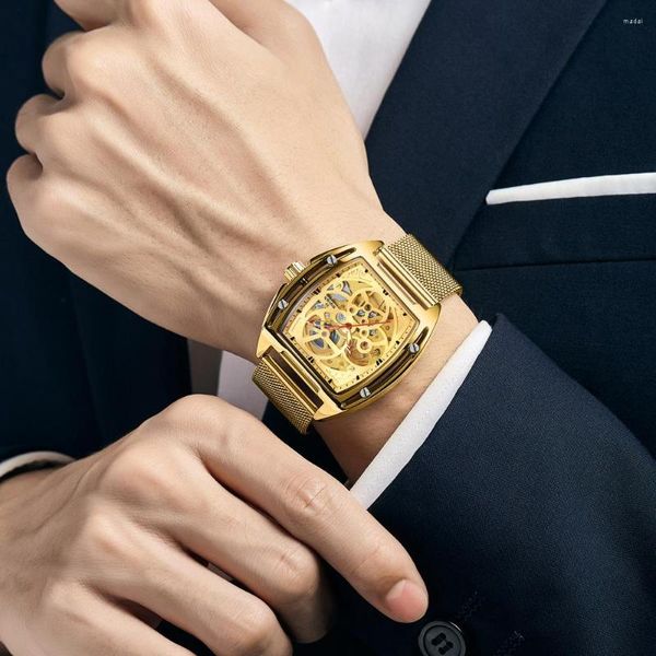 Montre-bracelets Swish Military Hollow Skelton Mécanique Hommes Regardez Gold Square Polis