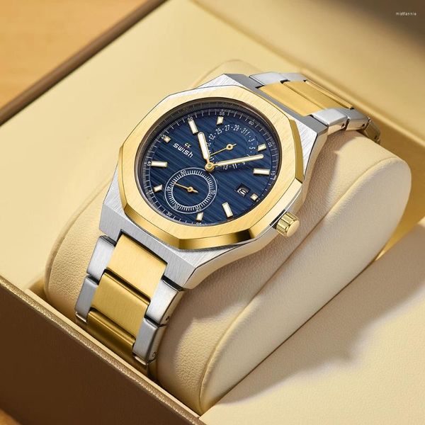 Montre-bracelets Swish Relogio Masculino Gold Quartz Watch for Men Business Afficier Calendrier de l'horloge imperméable Date de bracelet Classic à deux yeux