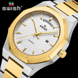 Polshorloges Swish Top Brand Designer Luxury Men Fashion Rainless Steel Quartz Horloges met dag- en datum waterdichte sporten