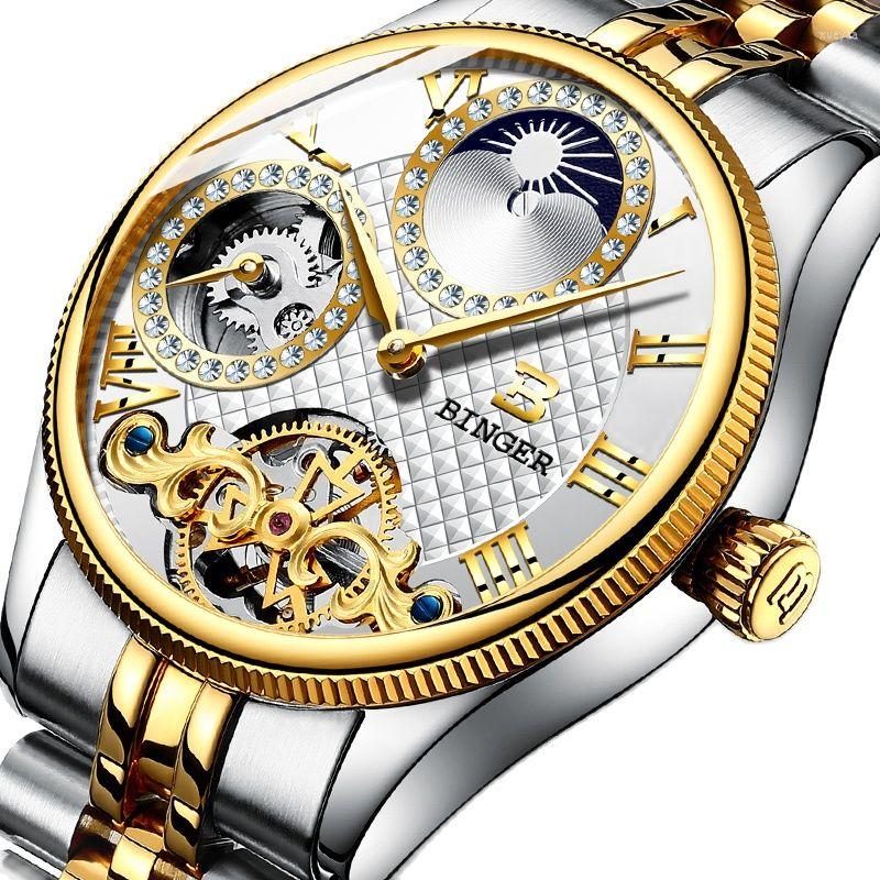 Relógios de pulso Suíça BINGER Esqueleto Mecânico Automático Relógios Masculinos À Prova D' Água Diamante Safira Fase do Sol Relógio