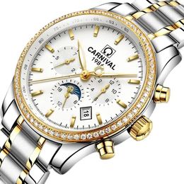 Relojes de pulsera Suiza Carnaval Relojes mecánicos automáticos para hombres Zafiro Fase lunar Luminoso Reloj multifunción C8736-3