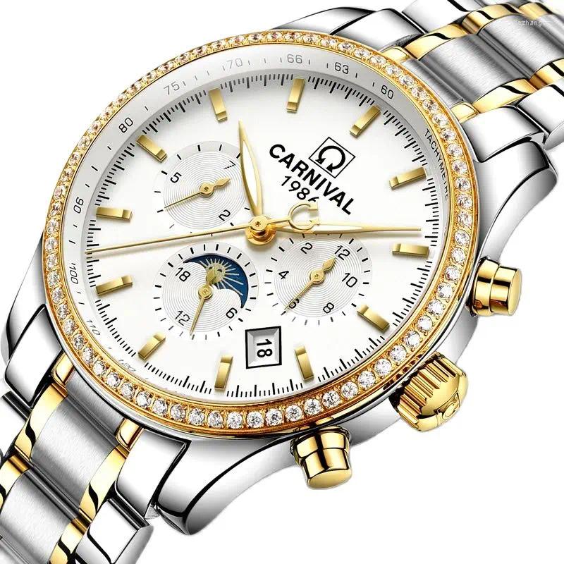Наручные часы Швейцария Карнавал Автоматические механические мужские часы с сапфировым стеклом Фаза Луны Светящиеся многофункциональные часы C8736-3