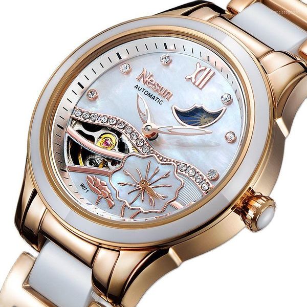 Montres-bracelets suisses NESUN montres mécaniques automatiques pour femmes double squelette étanche diamant Phase de lune horloge N9071