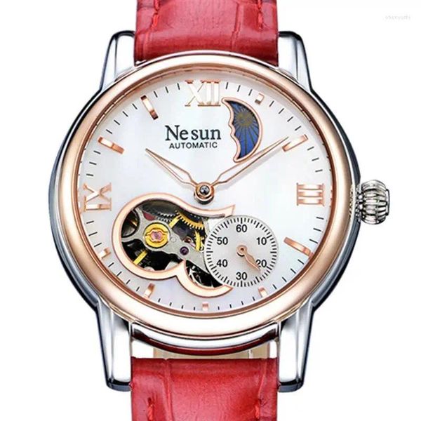 Montre-bracelets Suisse Nesun Automatique mécanique des femmes de diamant Moon Phase en cuir étanche lumineux