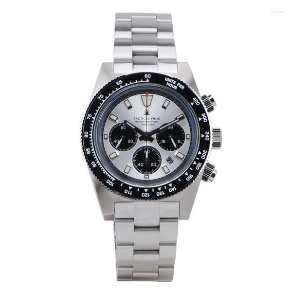 Relojes de pulsera Reloj de pulsera con cronógrafo para hombre, esfera plateada, cristal de zafiro VS75A, movimiento de cuarzo, luminoso, 20bar, resistente al agua