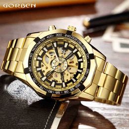 Polshorloges tags luxe sier gold automatische mechanische mannen kijken skelet stalen staal zelfwind pols horloge mannen grote klok relogio masculino genvapsj