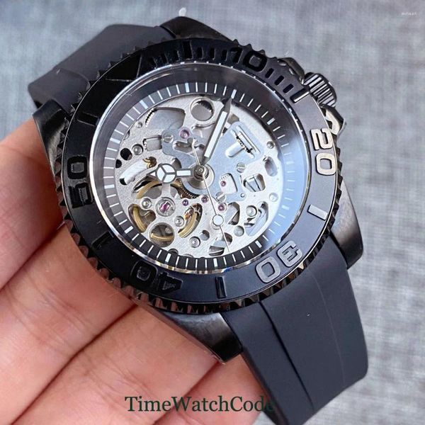 Relojes de pulsera Tandorio 40 mm Reloj mecánico automático para hombres Movimiento NH70 10 ATM Impermeable Cristal de zafiro Dial hueco Chapado en negro
