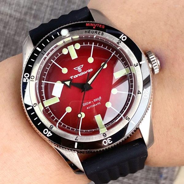 Relojes de pulsera Tandorio Dome Sapphire Glass Buceo Relojes de acero para hombres NH35 PT5000 Reloj de pulsera automático Sunburst RED / BLUE Dial Waffle Band