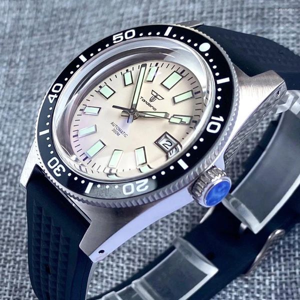 Relojes de pulsera Tandorio White 62MAS Diver Reloj mecánico Hombres AR Domed Sapphire Crystal 200m Reloj de pulsera impermeable Anillo de capítulo de plata C3