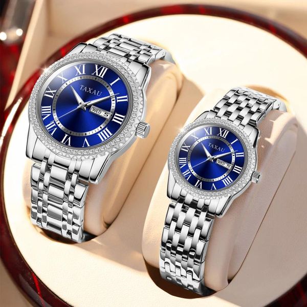 Montres-bracelets TAXAU Original Couple Montre pour hommes et femmes Tendance de la mode Diamant en acier inoxydable étanche Quartz Date Semaine Montres