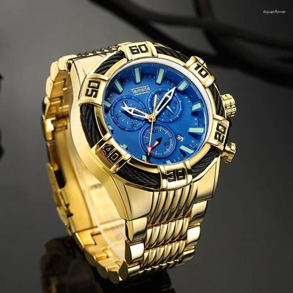 Montre-bracelets Temeite Relogio Masculino Gold Match Men avec bracelet Luxury en acier inoxydable Big Cadry Chronograph Male 2024