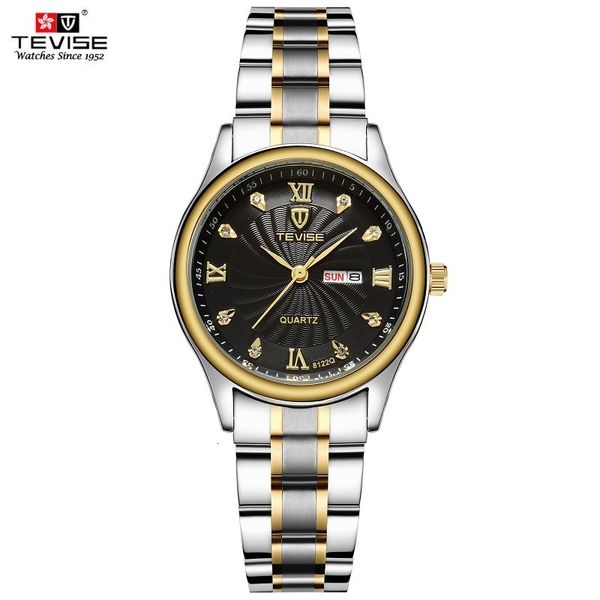 Relojes de pulsera Tevise Luxury Gold Women Watch Semana Día Fecha Pulsera Relojes Damas Moda Impermeable Cuarzo Acero Muñeca Montre Femme 230911