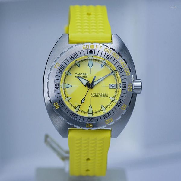 Relojes de pulsera Thorn Reloj de buceo para hombre Cristal de zafiro Esfera amarilla Luminoso NH35 Movimiento automático 200 m Correa de caucho resistente al agua