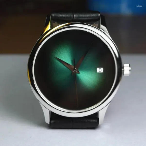 Relojes de pulsera Tianjin St1812 Movimiento Reloj de vestir ultrafino Calendario 38,5 mm Acero inoxidable Resistente al agua Zafiro Degradado Dial Escapement