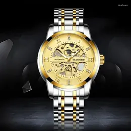 Наручные часы TIANNBU, модные деловые роскошные мужские часы из нержавеющей стали, золотые полые автоматические механические водонепроницаемые люминесцентные часы