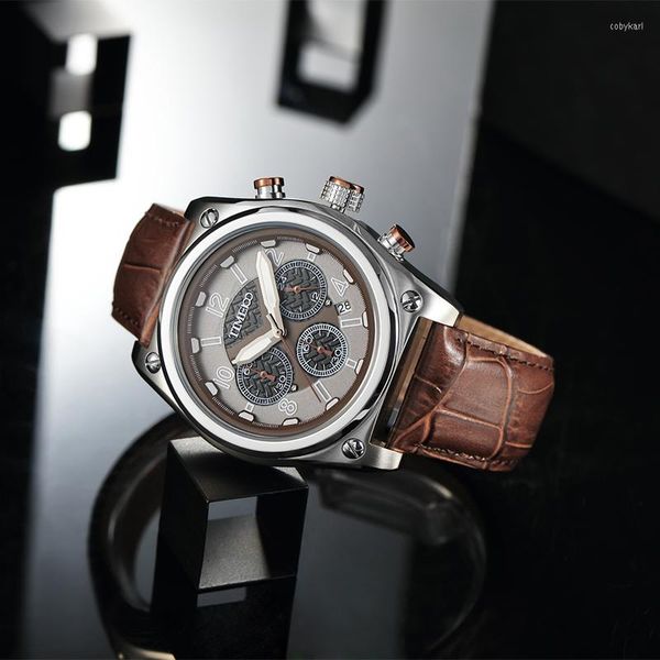 Relojes de pulsera TIME100 Reloj multifunción para hombres Deporte Relojes de cuarzo casuales Correa de cuero Cronógrafo Muñeca militar Hombres Reloj Hombre