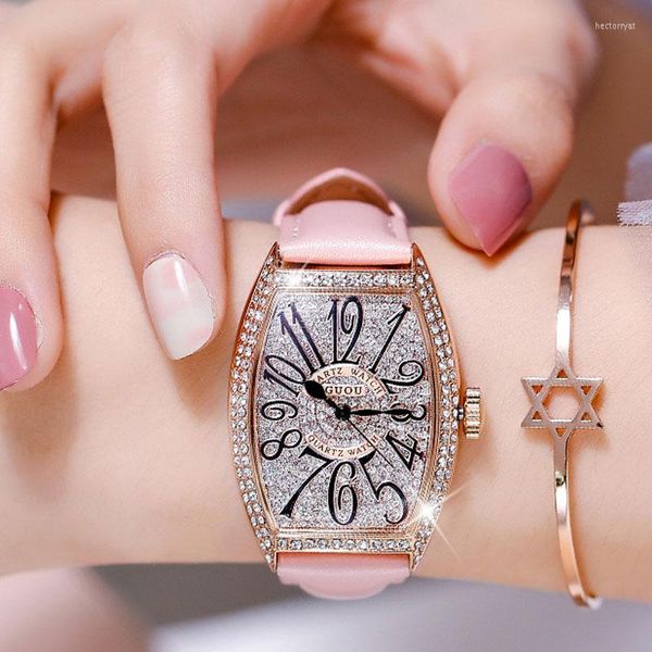 Relojes de pulsera Tonneau en forma de reloj digital con esfera de diamante para damas Correa de cuero genuino Reloj de pulsera de cuarzo resistente al agua Esposa Regalo de Navidad