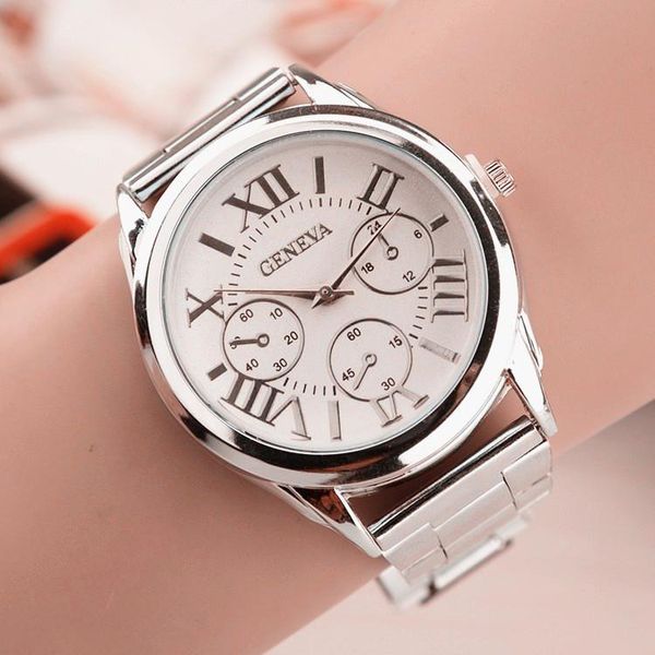 Montres-bracelets Top Marque 3 Yeux Argent Genève Casual Quartz Montre Femmes En Acier Inoxydable Robe Montres Relogio Feminino Dames ClockWristwatche