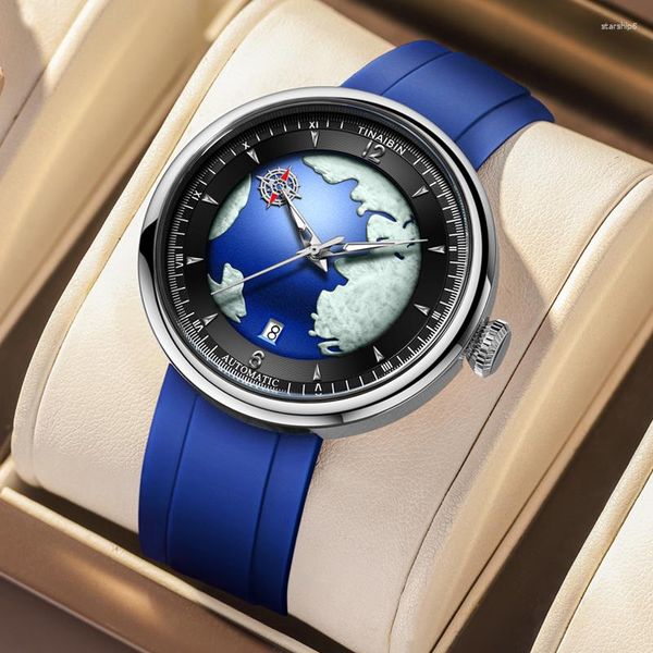 Relojes de pulsera de marca superior 3D azul resistente al agua para Hombre con correa de silicona mecánica Reloj Hombre TIANBIN 6632