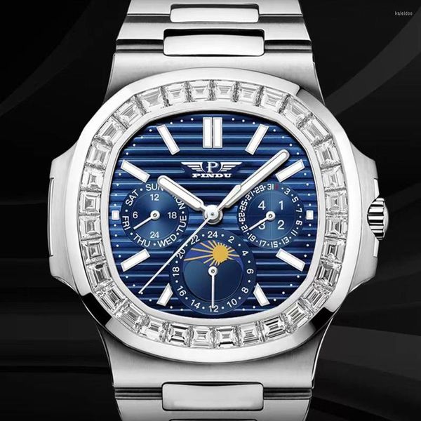 Relojes de pulsera Top Brand Reloj automático Hombres Lujo Automático Mecánico Cuadrado Diamante Luminoso Luna Fase Relojes Masculino PINDU