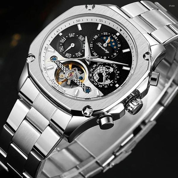 Montre-bracelets Top Brand Design Fashion Business Flying Flying Silver Inneildless Steel Watch Mens Automatic Mechanical Wristwatch