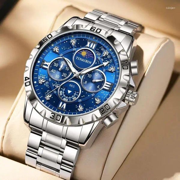 Relojes de pulsera Top Brand Reloj de lujo de alta calidad para hombres con movimiento de cuarzo Fase lunar Diseño de cielo Cinturón de acero Reloj para hombre de lujo TIANBIN