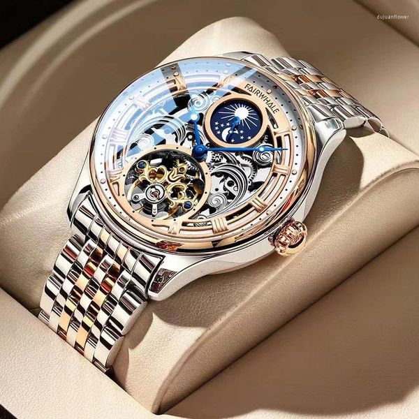 Relojes de pulsera Relojes mecánicos de primeras marcas para hombres Reloj de pulsera automático de fase lunar de negocios antiguo Reloj de acero inoxidable de oro rosa de lujo Regalo