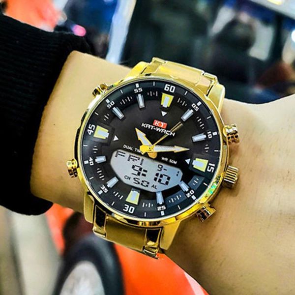 Relojes de pulsera de marca superior para hombre, reloj de pulsera 50M, resistente al agua, deportes, relojes digitales, LED, acero, militar, cuarzo, Color dorado, reloj de esfera grande, relojes de pulsera